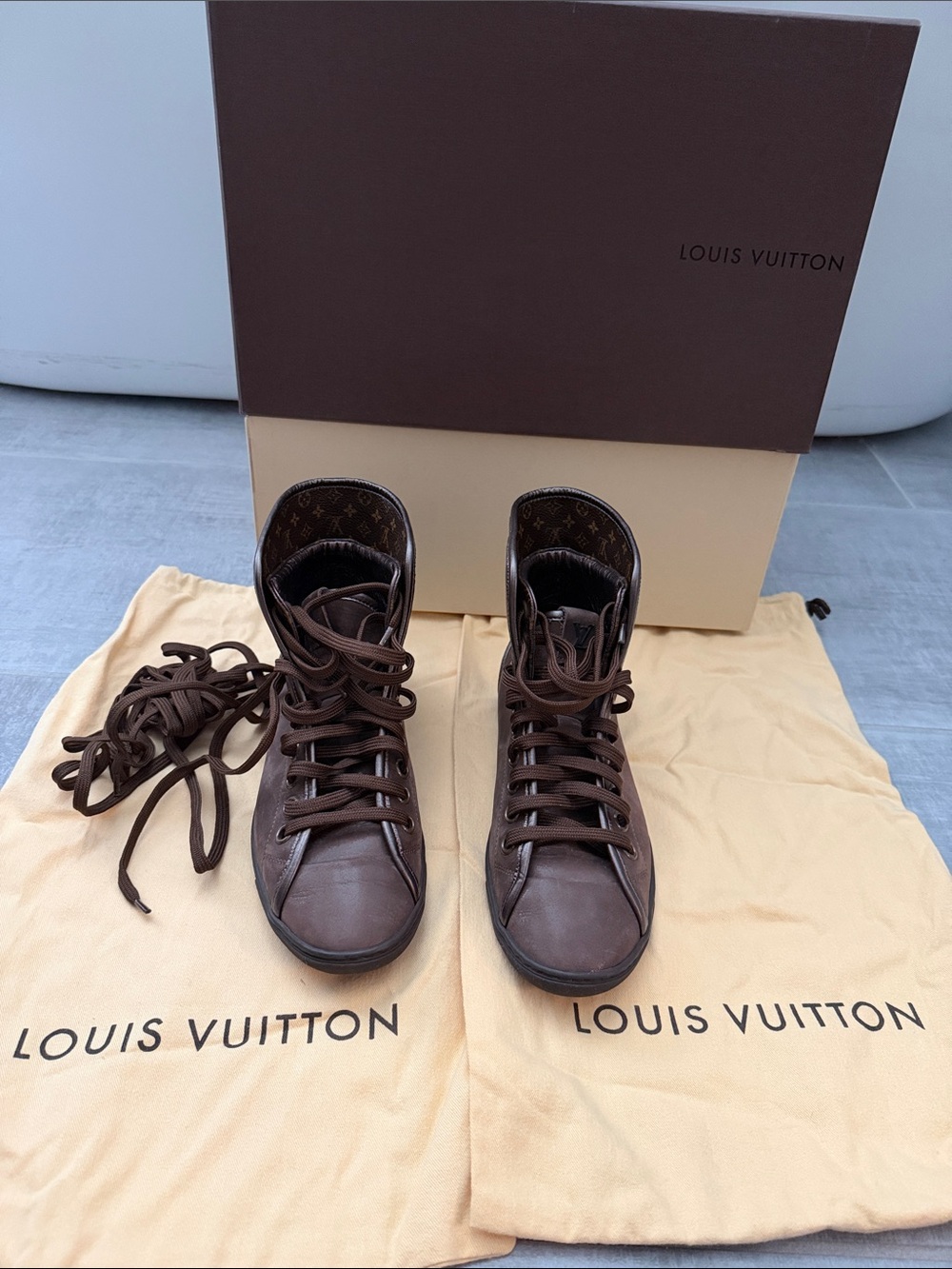 Louis Vuitton Brown Men’s High-Top Sneakers with Monogram Lining